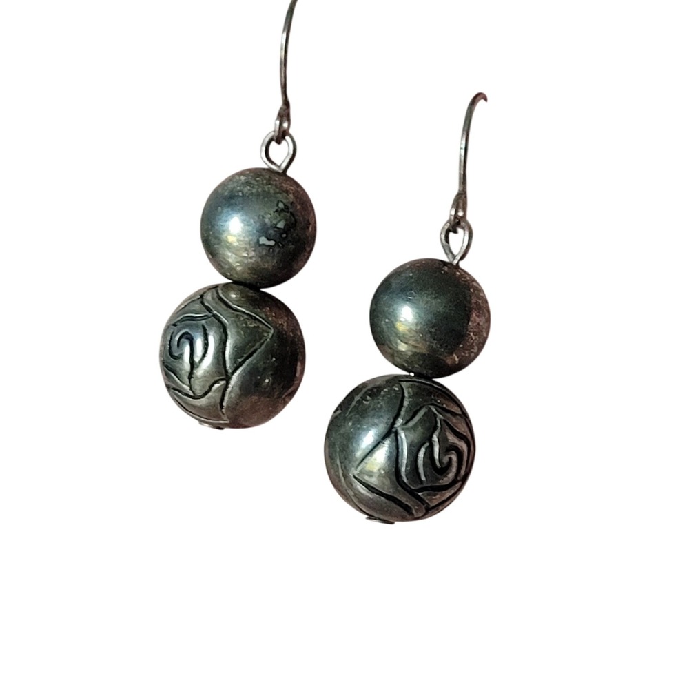Vintage Rose Etched Double Bead Drop Earrings Antiqued Silver Tone Floral Dangle